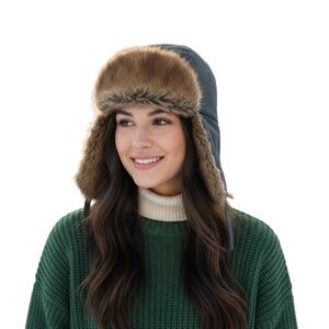 Vintage 80s RCMP Canadiana brown muskrat fur blue warm winter trapper hat 7 1/4